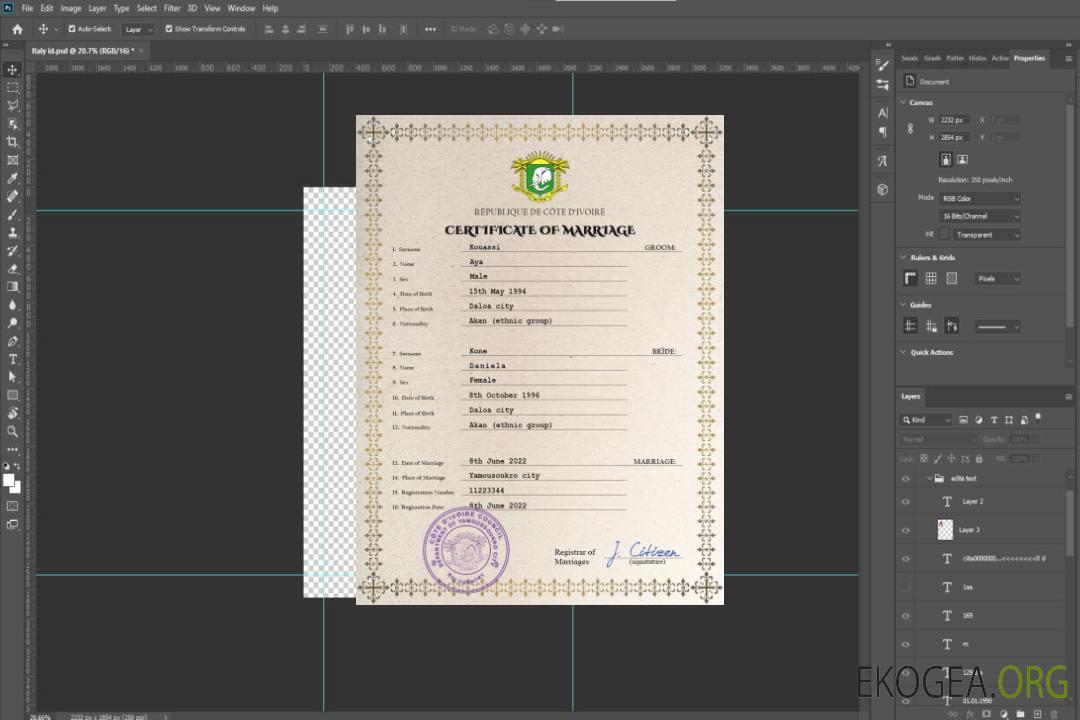 Modèle PSD de certificat de mariage en Côte d'Ivoire template